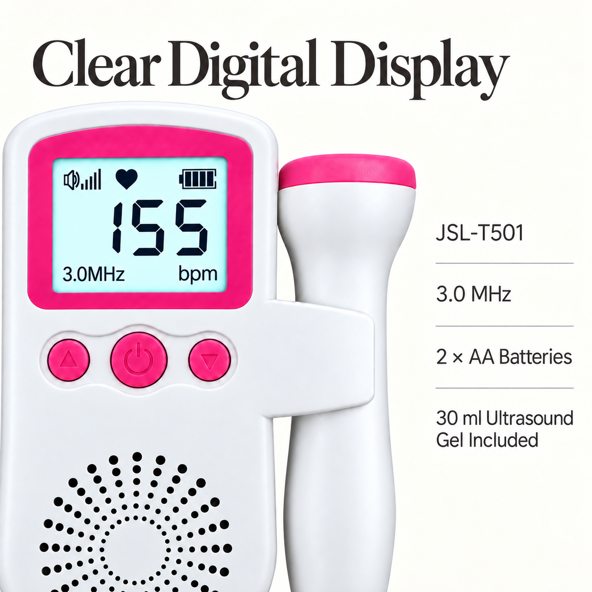 JSL-T501 display, 3.0 MHz probe and AA battery details