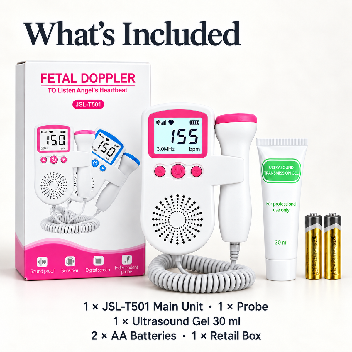 Isupbaby fetal doppler with 30 ml gel, two AA batteries and retail box